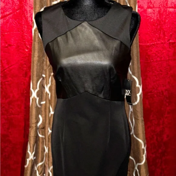 Sleeveless sheath dress with faux leather accent Sleeveless sheath dress with faux leather accent